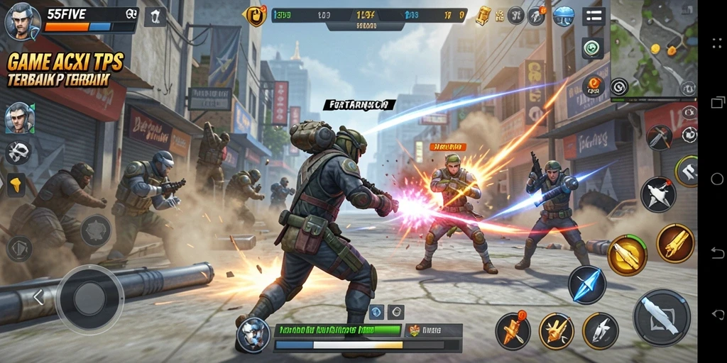 Screenshot gameplay 55FIVE menampilkan pertempuran seru antar karakter di arena.