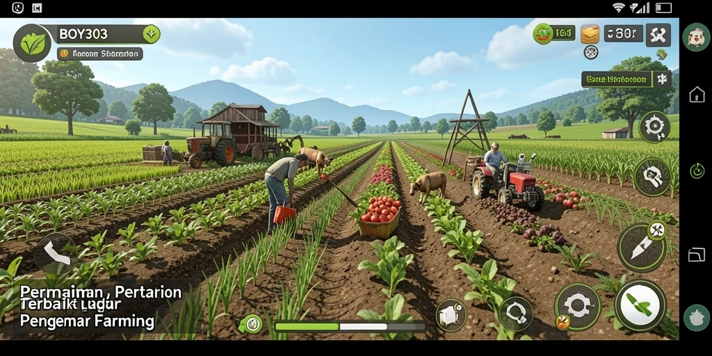 Screenshot gameplay BOY303 yang menunjukkan aktivitas bertani.