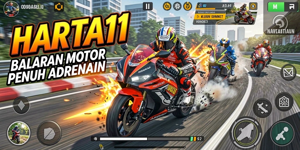 Gameplay seru di HARTA11 yang menampilkan balapan motor cepat.