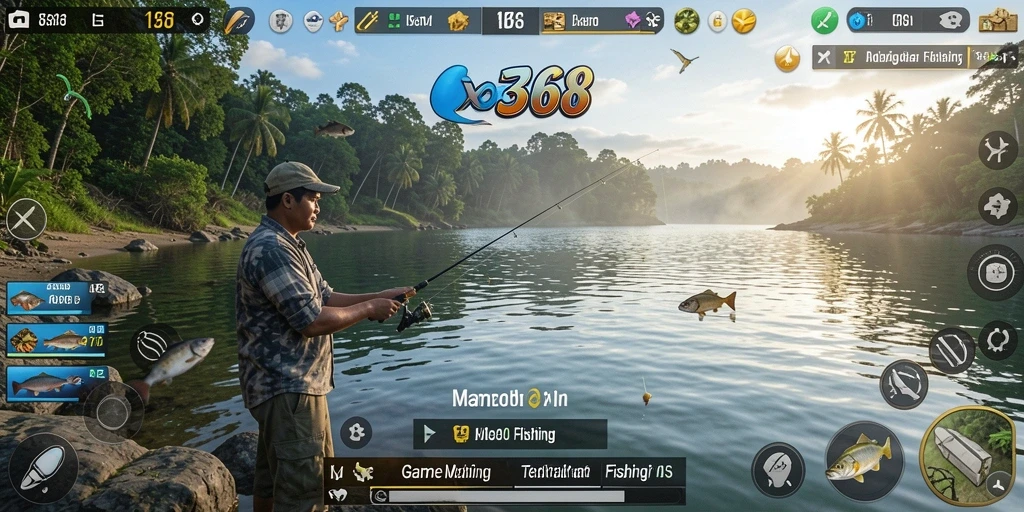 Tampilan gameplay XO368 yang seru saat memancing ikan besar.